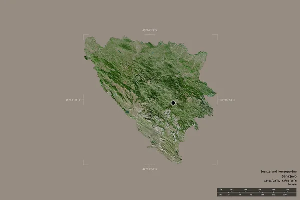 ボスニアとボスニア ヘルツェゴビナの地域は 洗練された境界の箱の中にしっかりとした背景に隔離されています 主な地域部門 距離スケール ラベル 衛星画像 3Dレンダリング — ストック写真