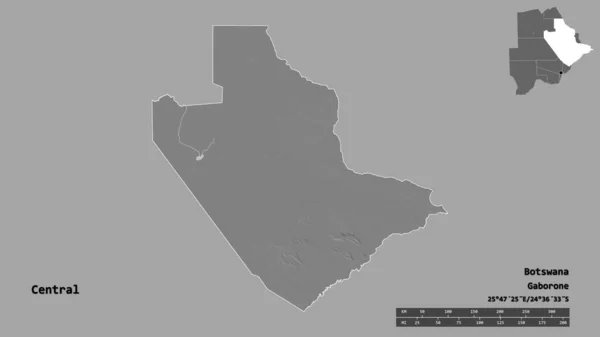 ボツワナの中央部の形で その首都はしっかりとした背景に隔離されています 距離スケール リージョンプレビュー およびラベル 標高マップ 3Dレンダリング — ストック写真
