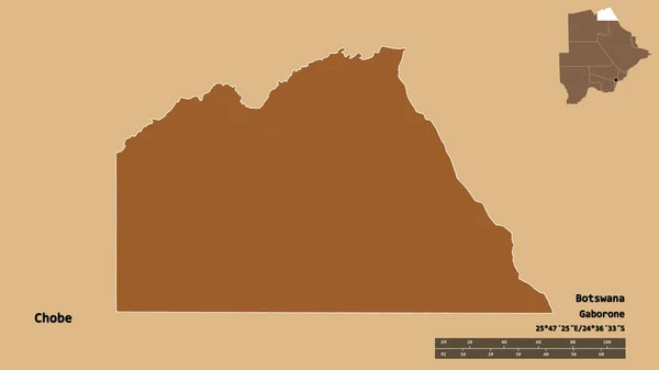 Kształt Chobe Dzielnicy Botswany Stolicą Odizolowaną Solidnym Tle Skala Odległości — Zdjęcie stockowe