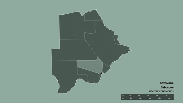 博茨瓦纳以首都 主要区域分部和分隔的夸能地区为首都的退化形态 彩色高程图 3D渲染 — 图库照片