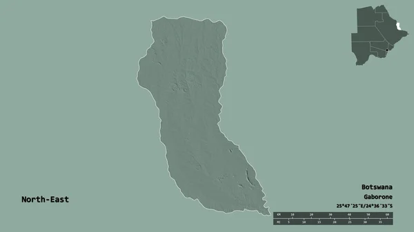 博茨瓦纳东北部的形状 首都在坚实的背景上孤立 距离尺度 区域预览和标签 彩色高程图 3D渲染 — 图库照片