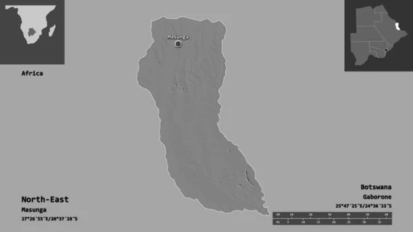 北東部の形状 ボツワナの地区 およびその首都 距離スケール プレビューおよびラベル 標高マップ 3Dレンダリング — ストック写真