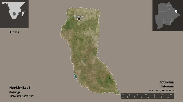 北東部の形状 ボツワナの地区 およびその首都 距離スケール プレビューおよびラベル 衛星画像 3Dレンダリング — ストック写真