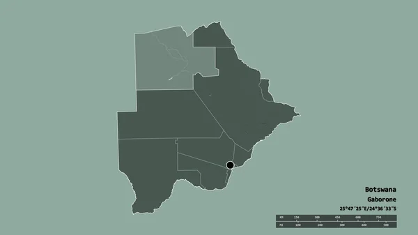以首都 主要区域分部和分隔的西北部地区为首都的博茨瓦纳的绝望状态 彩色高程图 3D渲染 — 图库照片