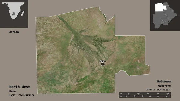 北西の形状 ボツワナの地区 そしてその首都 距離スケール プレビューおよびラベル 衛星画像 3Dレンダリング — ストック写真