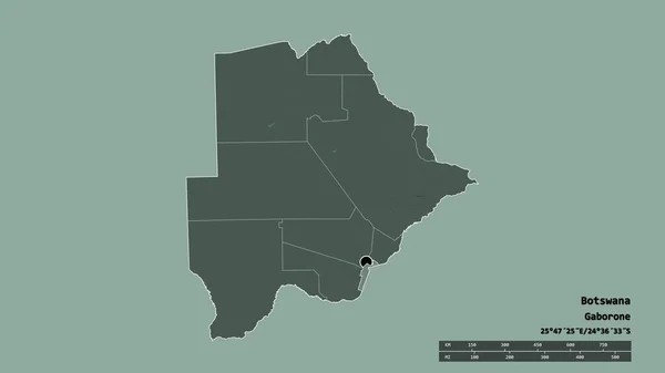 主要な地域部門と分離された南東地域を持つボツワナの荒廃した形 ラベル 色の標高マップ 3Dレンダリング — ストック写真