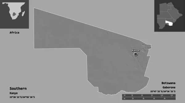 博茨瓦纳南部的形状 地区和首都 距离刻度 预览和标签 Bilevel高程图 3D渲染 — 图库照片