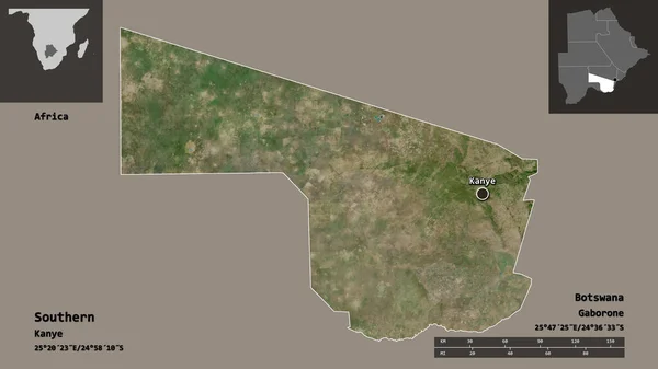 南部の形 ボツワナの地区 そしてその首都 距離スケール プレビューおよびラベル 衛星画像 3Dレンダリング — ストック写真