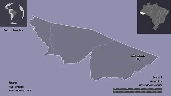 巴西州阿克里的形状及其首都 距离刻度 预览和标签 彩色高程图 3D渲染 — 图库照片