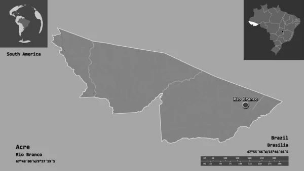 巴西州阿克里的形状及其首都 距离刻度 预览和标签 Bilevel高程图 3D渲染 — 图库照片