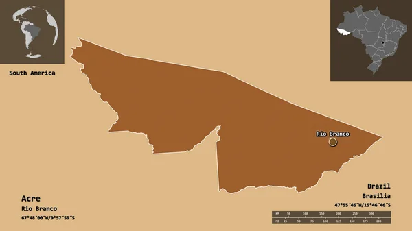 エーカーの形 ブラジルの状態 およびその首都 距離スケール プレビューおよびラベル パターン化されたテクスチャの構成 3Dレンダリング — ストック写真