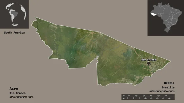 巴西州阿克里的形状及其首都 距离刻度 预览和标签 卫星图像 3D渲染 — 图库照片