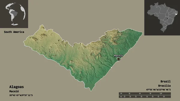 アラゴアス州 ブラジルの州 およびその首都の形 距離スケール プレビューおよびラベル 地形図 3Dレンダリング — ストック写真