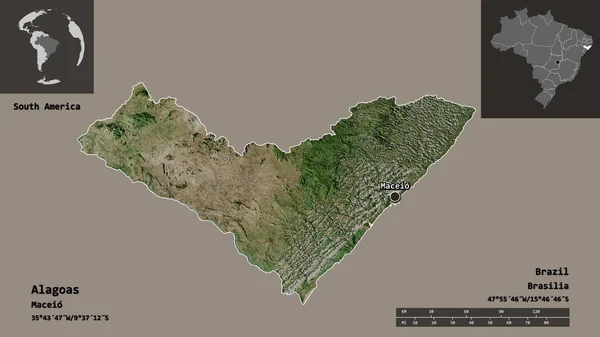 アラゴアス州 ブラジルの州 およびその首都の形 距離スケール プレビューおよびラベル 衛星画像 3Dレンダリング — ストック写真