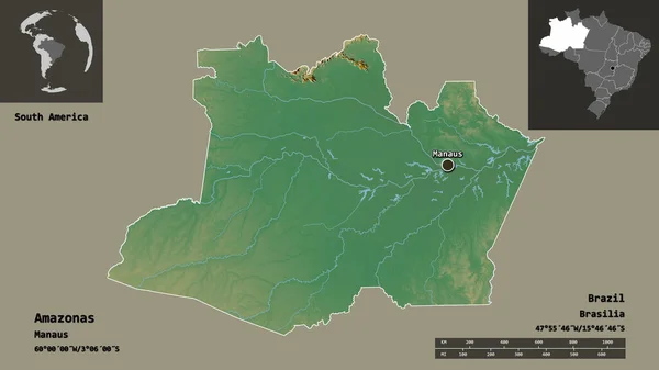 巴西亚马孙州及其首府的形状 距离刻度 预览和标签 地形浮雕图 3D渲染 — 图库照片