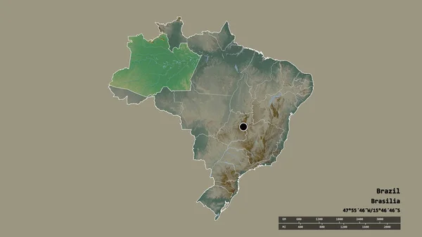 主要な地域部門と分離アマゾナス地域とブラジルの荒廃した形 ラベル 地形図 3Dレンダリング — ストック写真