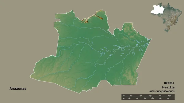 ブラジルのアマゾナス州の形で その首都はしっかりとした背景に隔離されています 距離スケール リージョンプレビュー およびラベル 地形図 3Dレンダリング — ストック写真