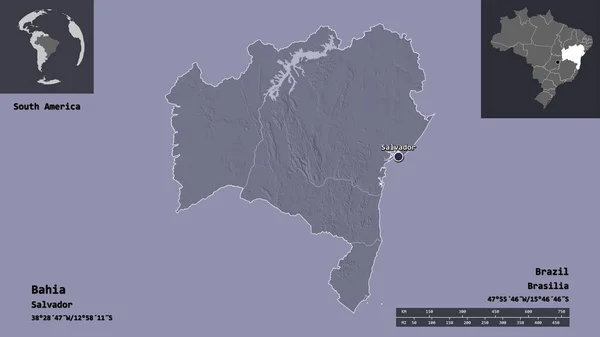 Shape Bahia Bundesstaat Von Brasilien Und Seine Hauptstadt Entfernungsskala Vorschau — Stockfoto