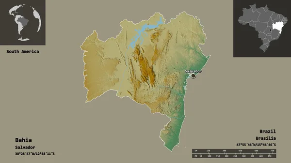 Форма Баїя Штат Бразилія Столиця Масштаб Відстаней Превью Етикетки Карта — стокове фото