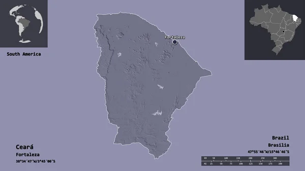 中国の形状 ブラジルの状態 およびその首都 距離スケール プレビューおよびラベル 色の標高マップ 3Dレンダリング — ストック写真