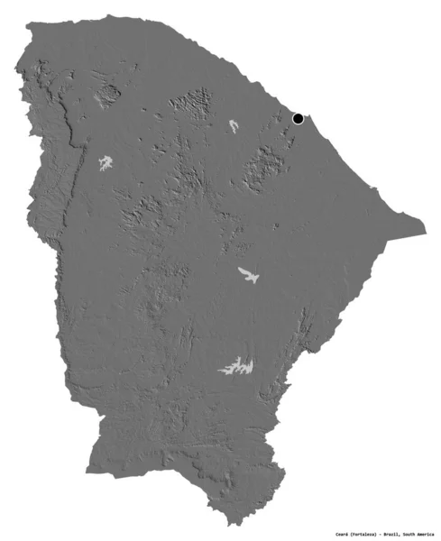 巴西塞阿拉州的形状 首都被白色背景隔离 Bilevel高程图 3D渲染 — 图库照片