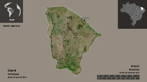 巴西塞阿拉州的形状及其首都 距离刻度 预览和标签 卫星图像 3D渲染 — 图库照片