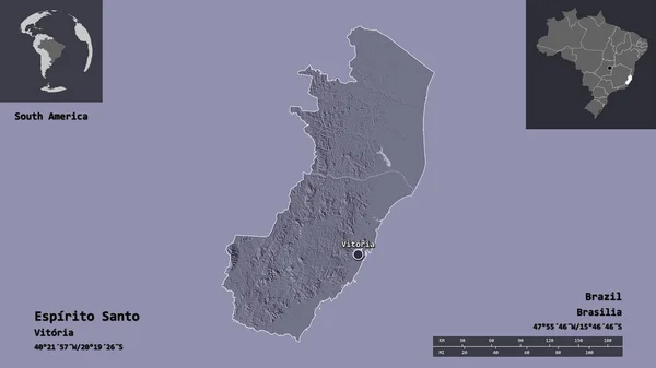 エスピリト サントの形 ブラジルの状態 およびその首都 距離スケール プレビューおよびラベル 色の標高マップ 3Dレンダリング — ストック写真