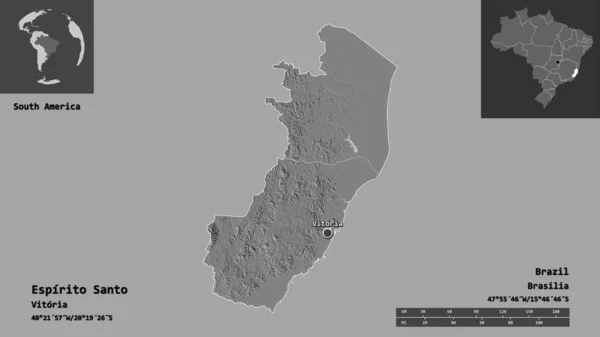 巴西圣埃斯皮里图州及其首府的形状 距离刻度 预览和标签 Bilevel高程图 3D渲染 — 图库照片