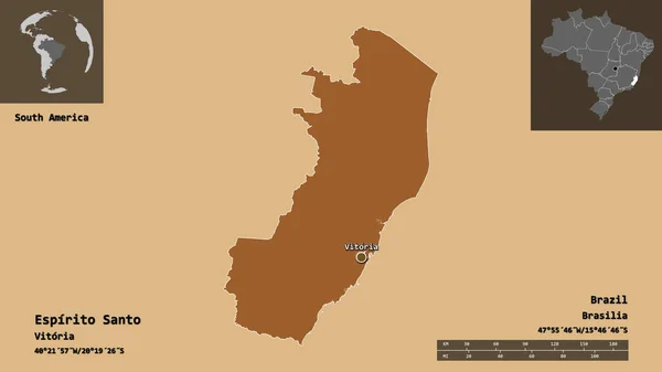 エスピリト サントの形 ブラジルの状態 およびその首都 距離スケール プレビューおよびラベル パターン化されたテクスチャの構成 3Dレンダリング — ストック写真