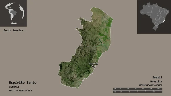 エスピリト サントの形 ブラジルの状態 およびその首都 距離スケール プレビューおよびラベル 衛星画像 3Dレンダリング — ストック写真