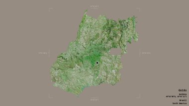 Goias bölgesi, Brezilya eyaleti, katı bir arka planda izole edilmiş bir sınır kutusunda. Etiketler. Uydu görüntüleri. 3B görüntüleme