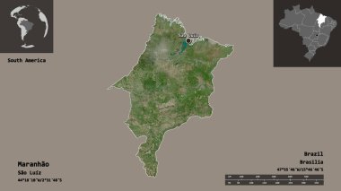 Maranhao 'nun şekli, Brezilya eyaleti ve başkenti. Uzaklık ölçeği, ön gösterimler ve etiketler. Uydu görüntüleri. 3B görüntüleme
