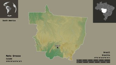 Mato Grosso 'nun şekli, Brezilya eyaleti ve başkenti. Uzaklık ölçeği, ön gösterimler ve etiketler. Topografik yardım haritası. 3B görüntüleme