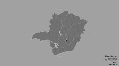 Brezilya 'nın Minas Gerais eyaletinin bir coğrafi sınır kutusunda katı bir arka planda izole edilmiş bölgesi. Etiketler. Çift seviyeli yükseklik haritası. 3B görüntüleme
