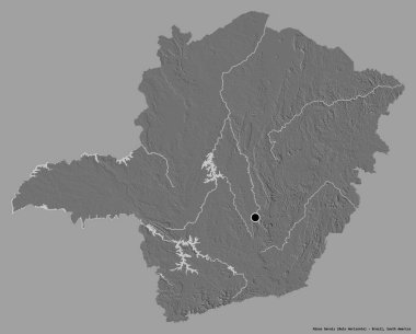 Brezilya 'nın Minas Gerais eyaleti, başkenti katı renk arkaplanı ile izole edilmiştir. Çift seviyeli yükseklik haritası. 3B görüntüleme