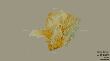 Brezilya 'nın Minas Gerais eyaletinin bir coğrafi sınır kutusunda katı bir arka planda izole edilmiş bölgesi. Etiketler. Topografik yardım haritası. 3B görüntüleme