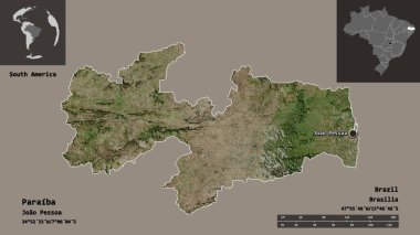Paraiba 'nın şekli, Brezilya eyaleti ve başkenti. Uzaklık ölçeği, ön gösterimler ve etiketler. Uydu görüntüleri. 3B görüntüleme