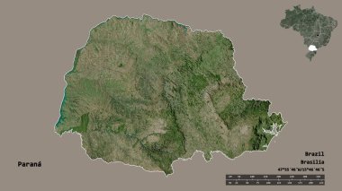 Parana 'nın şekli, Brezilya eyaleti, başkenti sağlam bir zemin üzerinde izole edilmiş. Uzaklık ölçeği, bölge önizlemesi ve etiketleri. Uydu görüntüleri. 3B görüntüleme