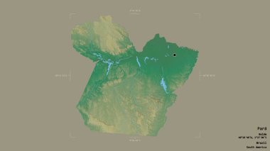 Para bölgesi, Brezilya eyaleti, sağlam bir arka planda izole edilmiş bir sınır kutusunda. Etiketler. Topografik yardım haritası. 3B görüntüleme