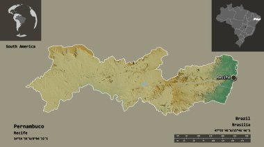 Pernambuco 'nun şekli, Brezilya eyaleti ve başkenti. Uzaklık ölçeği, ön gösterimler ve etiketler. Topografik yardım haritası. 3B görüntüleme
