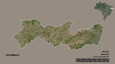 Brezilya 'nın Pernambuco eyaletinin başkenti katı bir zemin üzerinde izole edilmiştir. Uzaklık ölçeği, bölge önizlemesi ve etiketleri. Uydu görüntüleri. 3B görüntüleme