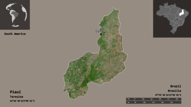 Piaui 'nin şekli, Brezilya eyaleti ve başkenti. Uzaklık ölçeği, ön gösterimler ve etiketler. Uydu görüntüleri. 3B görüntüleme