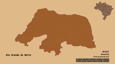 Rio Grande do Norte, Brezilya eyaleti, başkenti sağlam bir zemin üzerinde izole edilmiştir. Uzaklık ölçeği, bölge önizlemesi ve etiketleri. Desenli dokuların bileşimi. 3B görüntüleme