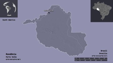 Rondonia 'nın şekli, Brezilya eyaleti ve başkenti. Uzaklık ölçeği, ön gösterimler ve etiketler. Renkli yükseklik haritası. 3B görüntüleme