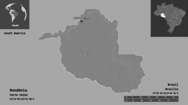 Rondonia 'nın şekli, Brezilya eyaleti ve başkenti. Uzaklık ölçeği, ön gösterimler ve etiketler. Çift seviyeli yükseklik haritası. 3B görüntüleme