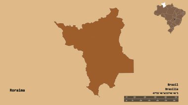 Brezilya 'nın Roraima eyaleti, başkenti katı bir zemin üzerinde izole edilmiştir. Uzaklık ölçeği, bölge önizlemesi ve etiketleri. Desenli dokuların bileşimi. 3B görüntüleme