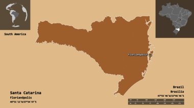 Santa Catarina 'nın şekli, Brezilya eyaleti ve başkenti. Uzaklık ölçeği, ön gösterimler ve etiketler. Desenli dokuların bileşimi. 3B görüntüleme