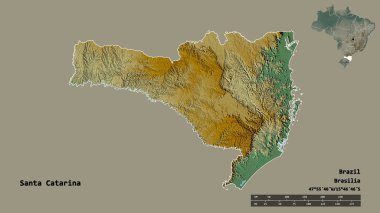 Santa Catarina 'nın şekli, Brezilya eyaleti, başkenti katı bir zemin üzerinde izole edilmiş. Uzaklık ölçeği, bölge önizlemesi ve etiketleri. Topografik yardım haritası. 3B görüntüleme