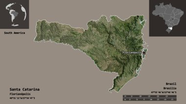 Santa Catarina 'nın şekli, Brezilya eyaleti ve başkenti. Uzaklık ölçeği, ön gösterimler ve etiketler. Uydu görüntüleri. 3B görüntüleme