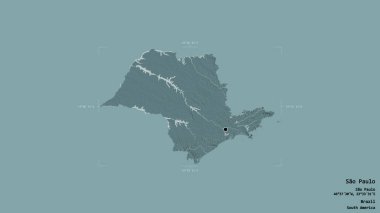 Sao Paulo bölgesi, Brezilya eyaleti, katı bir arka planda izole edilmiş bir sınır kutusunda. Etiketler. Renkli yükseklik haritası. 3B görüntüleme